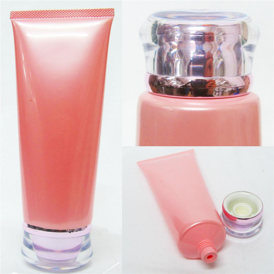 หลอดบีบโฟมสีชมพู+ฝาอคลิลิคกลมใสสีชมพูเงาจุกใหญ่ 50กรัม