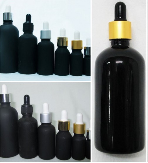 ขวดแก้วอโรมาสีดำใสฝาดรอปเปอร์สีทองด้านจุกดำ