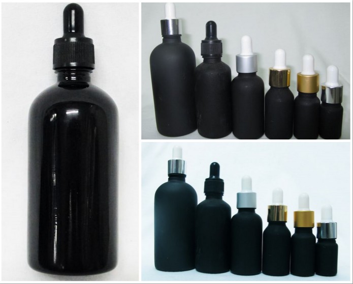 ขวดแก้วอโรมาสีดำใสฝาดรอปเปอร์สีดำจุกดำ