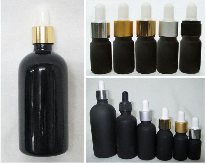 ขวดแก้วอโรมาสีดำใสฝาดรอปเปอร์สีทองเงาจุกขาว