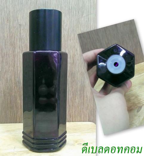 ขวด PET ทรงหกเหลี่ยม ม่วง ขนาด 230 มล. คอ 24 มม. พร้อมฝาเกลียวใหญ่สีดำ+จุก
