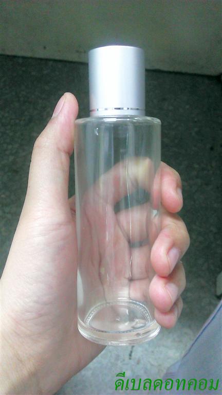 ขวดแก้วใส100ml+ฝาเกลียวเล็ก(บาง)สีเงินด้านคาดริ้วเงิน1เส้นคอ 24 มม.+จุกยาง แผ่นรอง