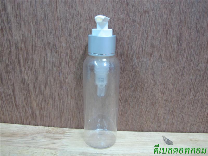 ขวดpet-003(100ml)+หัวปั้มดีดขาวปากเป็ดขอบเงินด้านคาดริ้ว 24มม.