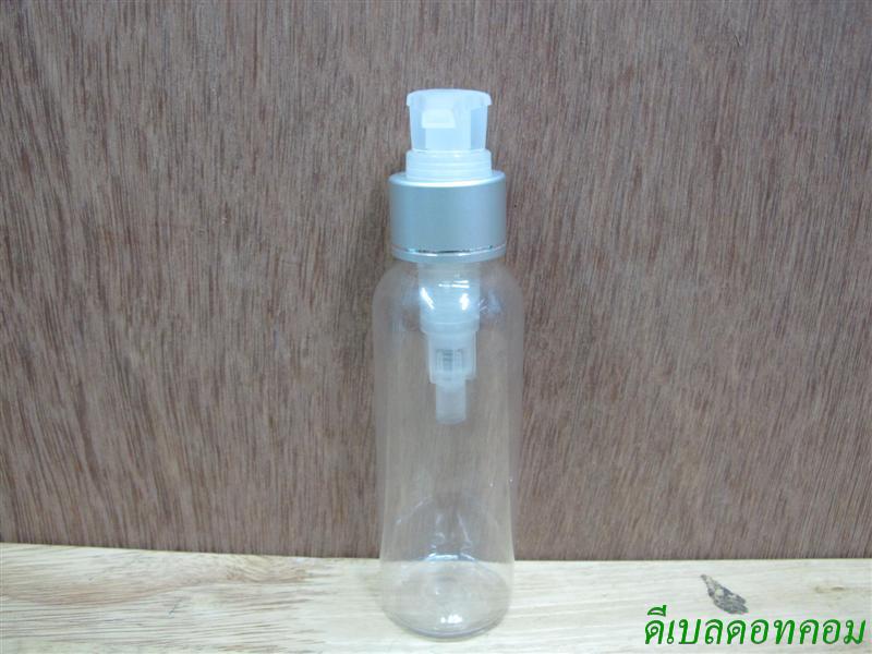 ขวดpet-003(100ml)+หัวปั้มดีดใสปากเป็ดเงินด้านคาดริ้วเงิน 24