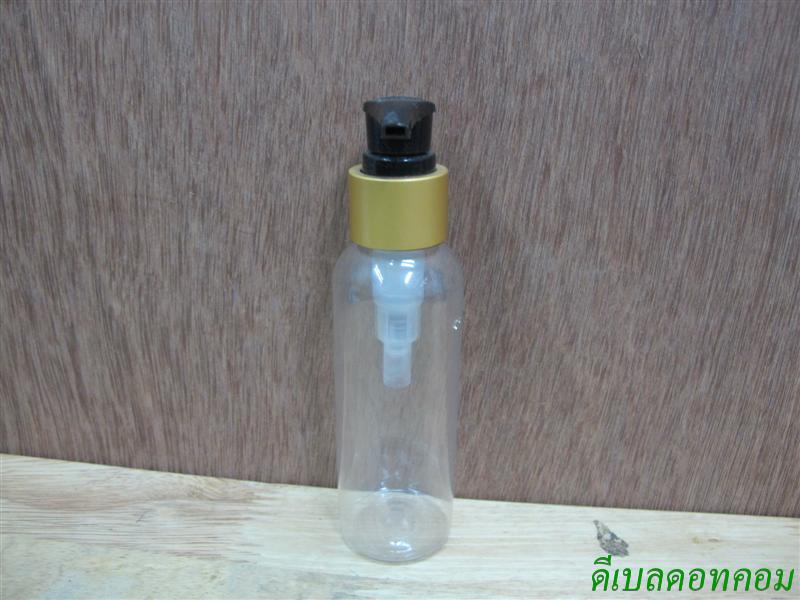 ขวดpet-003(100ml)+หัวปั้มดีดสีดำปากเป็ดขอบทองด้าน 24