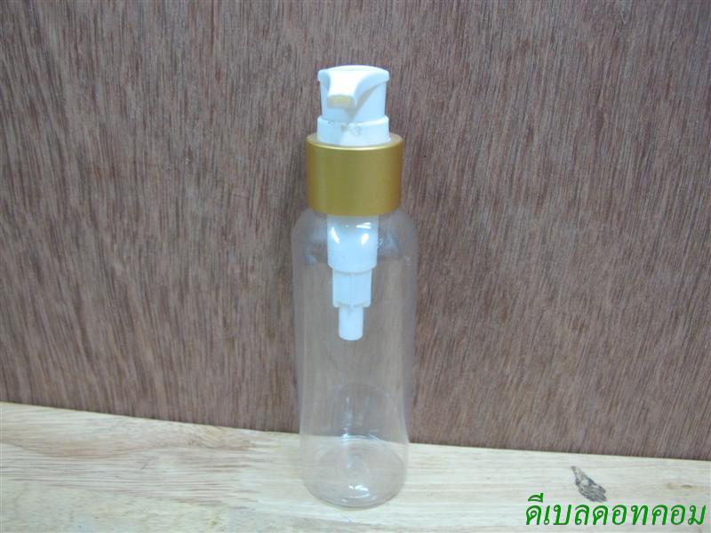 ขวดpet-003(100ml)+หัวปั้มดีดสีขาวปากเป็ดขอบทองด้าน 24มม.