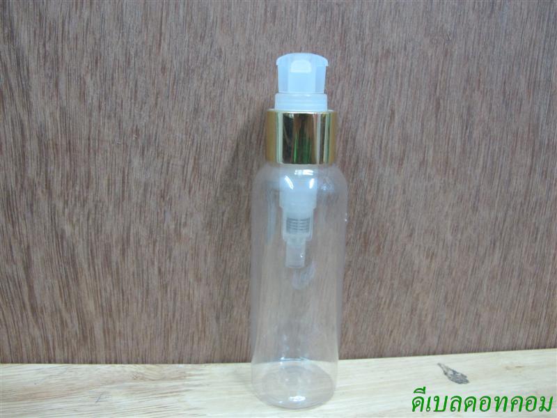ขวดpet-003(100ml)+หัวปั้มดีดใสปากเป็ดขอบทองเงา 24มม.