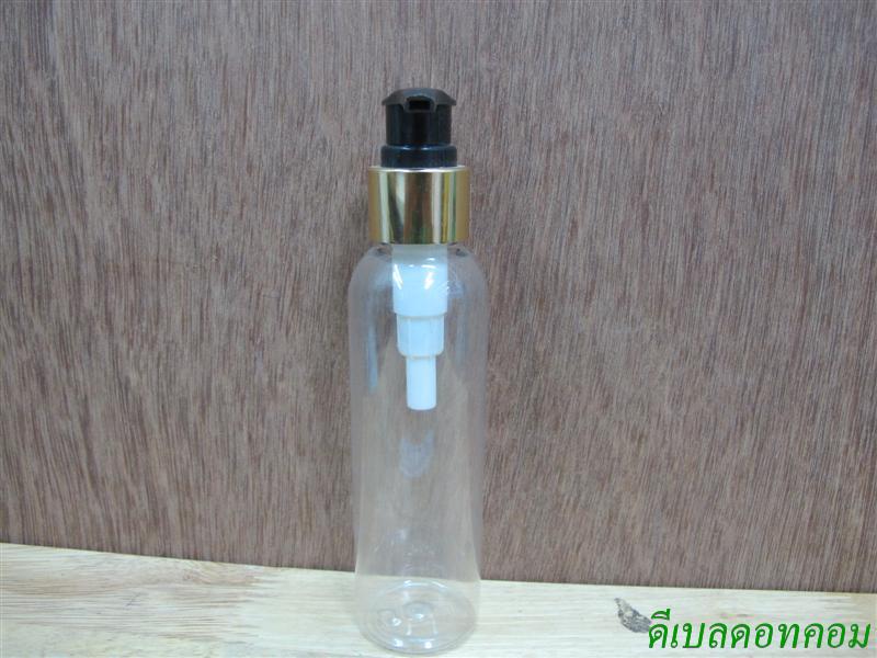 ขวดpet-003(120ml)+หัวปั้มดีดสีดำปากเป็ดขอบทองเงา 24มม.