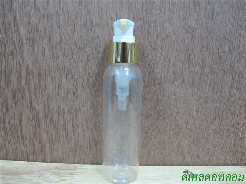 ขวดpet-003(120ml)+หัวปั้มดีดขาวปากเป็ดขอบทองเงา 24มม.