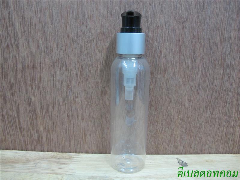 ขวดpet-003(120ml)+หัวปั้มดีดดำปากเป็ดขอบเงินด้าน 24มม.