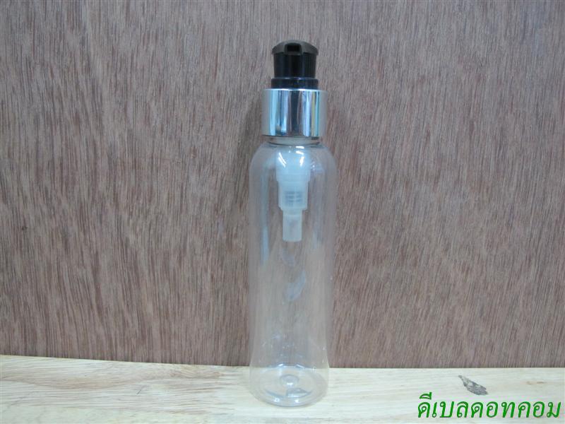 ขวดpet-003(120ml)+หัวปั้มดีดดำปากเป็ดขอบเงินเงา 24มม.