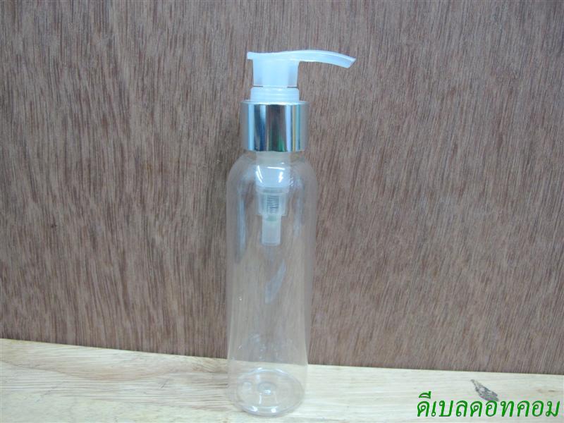 ขวดpet-003(120ml)+หัวปั้มดีดใสปากเป็ดขอบเงินเงา 24มม.