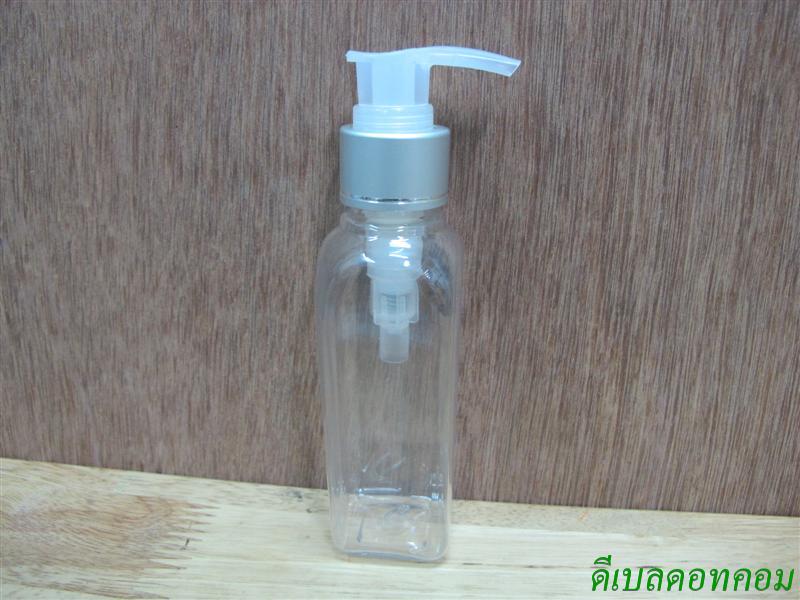 ขวดLU(100ml)+หัวปั้มดีดใสปากเป็ดเงินด้านคาดริ้ว 24มม.