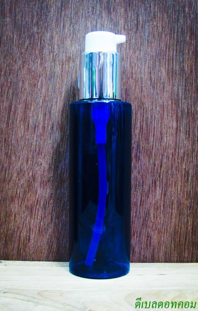 ขวด PET 120ml( กลมน้ำเงินไหล่ตัด)+ปั้มขาวเงินเงาคอ 24 มม.