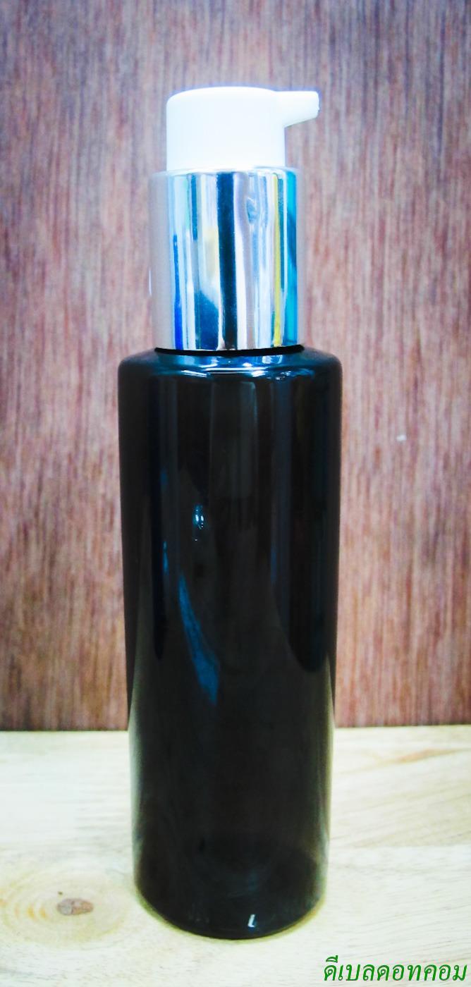 ขวด PET 120ml( กลมน้ำเงินไหล่ตัด)+ปั้มขาวเงินเงาคอ 24 มม.