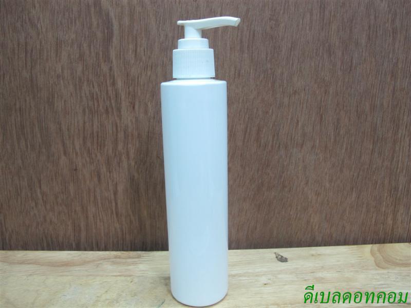 ขวดpet ขาวแป้งทรงกลมกระบอก 200 ml+หัวปั้มดีดสีขาวปากเป็ด  24มม.