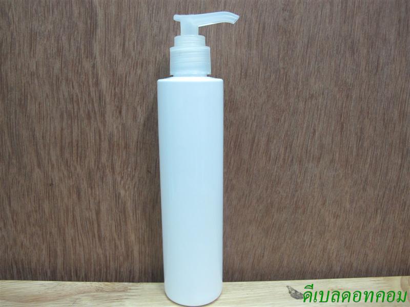 ขวดpet ขาวแป้งทรงกลมกระบอก 200 ml+หัวปั้มดีดสีใสปากเป็ด  24มม.