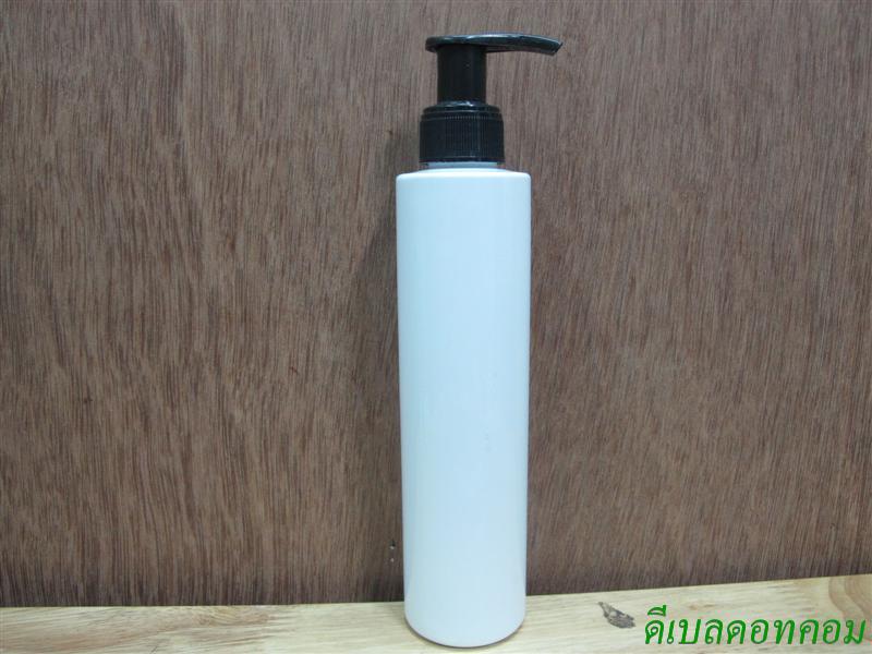 ขวดpet ขาวแป้งทรงกลมกระบอก 200 ml+หัวปั้มดีดสีดำปากเป็ด  24มม.