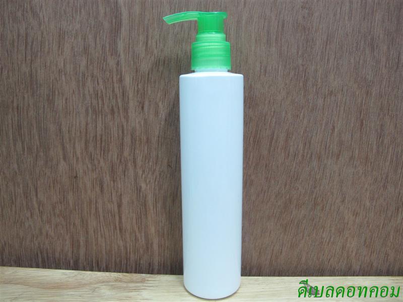 ขวดpet ขาวแป้งทรงกลมกระบอก 200 ml+หัวปั้มดีดสีเขียว 24มม.