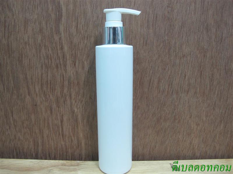 ขวดpet ขาวแป้งทรงกลมกระบอก 200 ml+หัวปั้มดีดขาวปากเป็ดเงินเงา 24มม.
