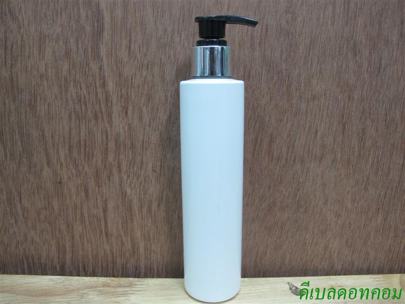 ขวดpet ขาวแป้งทรงกลมกระบอก 200 ml+หัวปั้มดีดดำปากเป็ดเงินเงา 24มม.