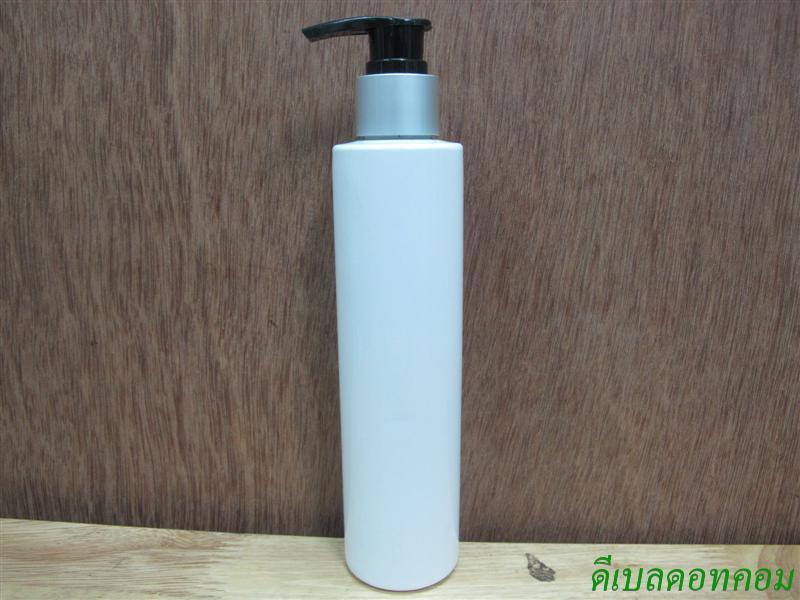 ขวดpet ขาวแป้งทรงกลมกระบอก 200 ml+หัวปั้มดีดดำปากเป็ดเงินด้าน 24มม.
