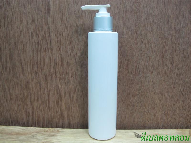 ขวดpet ขาวแป้งทรงกลมกระบอก 200 ml+หัวปั้มดีดขาวปากเป็ดเงินด้านคาดริ้ว 24มม.