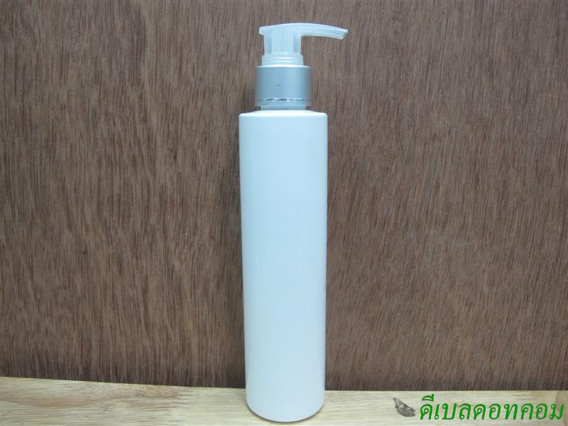 ขวดpet ขาวแป้งทรงกลมกระบอก 200 ml+หัวปั้มดีดใสปากเป็ดเงินด้านคาดริ้ว 24มม.