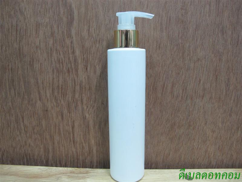 ขวดpet ขาวแป้งทรงกลมกระบอก 200 ml+หัวปั้มดีดใสปากเป็ดทองเงา 24มม.