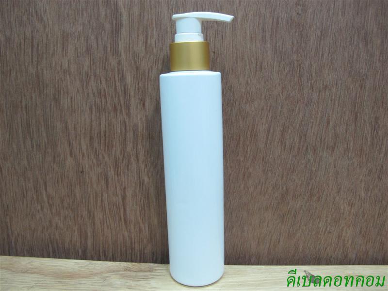 ขวดpet ขาวแป้งทรงกลมกระบอก 200 ml+หัวปั้มดีดขาวปากเป็ดทองด้าน 24มม.