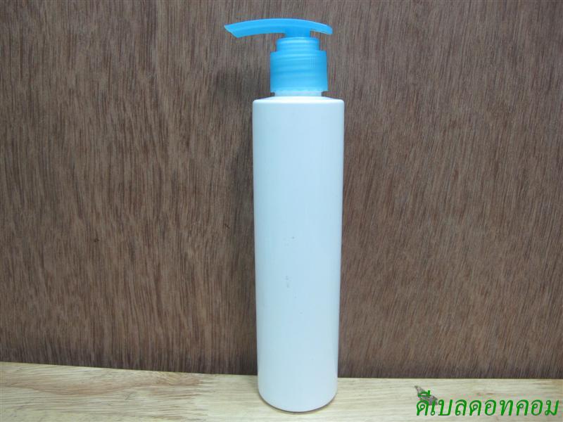 ขวดpet ขาวแป้งทรงกลมกระบอก 200 ml+ปั้มกระโดดพลาสติกสีฟ้า  24มม.