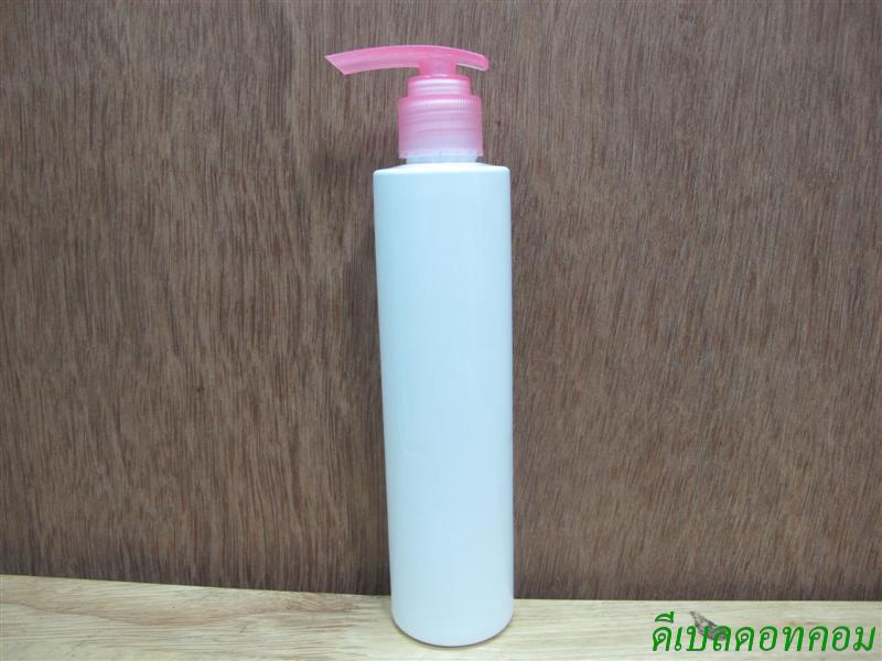 ขวดpet ขาวแป้งทรงกลมกระบอก 200 ml+ปั้มกระโดดพลาสติกสีชมพู  24มม.