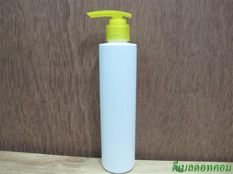 ขวดpet ขาวแป้งทรงกลมกระบอก 200 ml+ปั้มกระโดดพลาสติกสีเหลือง  24มม.
