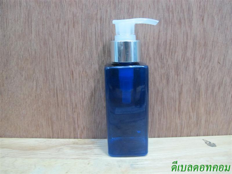 SB-120mlเหลี่ยม(สีน้ำเงิน)+หัวปั้มดีดใสปากเป็ดเงินเงา  24มม.