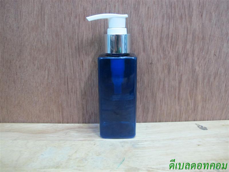 SB-120mlเหลี่ยม(สีน้ำเงิน)+หัวปั้มดีดขาวปากเป็ดเงินเงา  24มม.