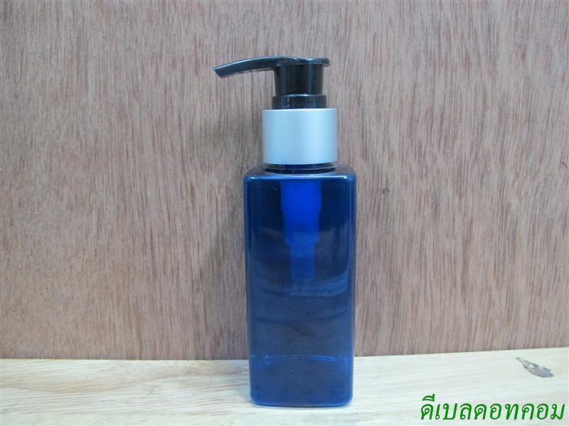 SB-120mlเหลี่ยม(สีน้ำเงิน)+หัวปั้มดีดดำปากเป็ดเงินด้าน 24มม.