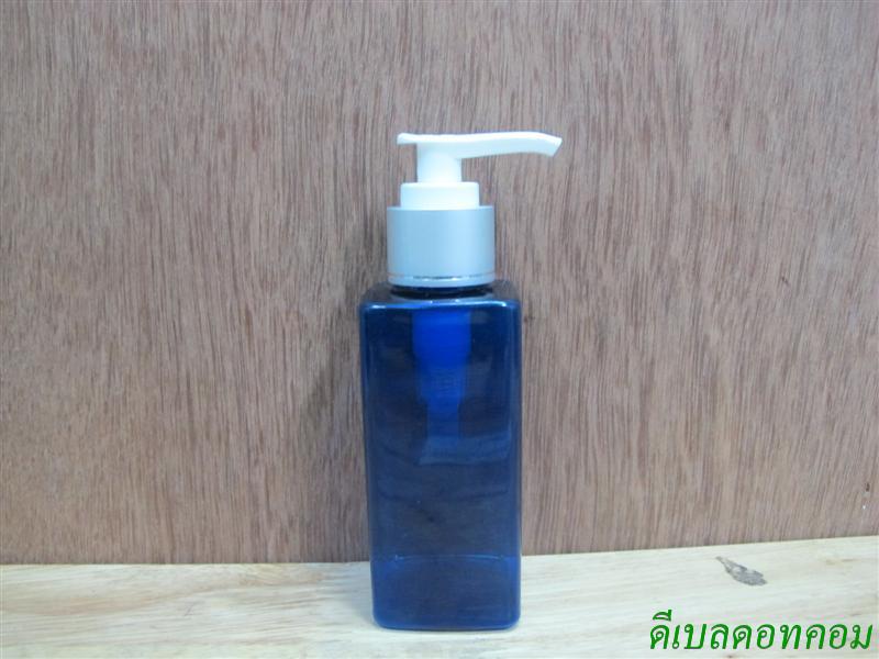 SB-120mlเหลี่ยม(สีน้ำเงิน)+หัวปั้มดีดขาวปากเป็ดขอบเงินด้านคาดริ้ว 24มม.