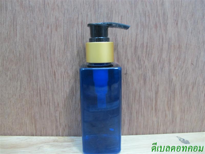 SB-120mlเหลี่ยม(สีน้ำเงิน)+หัวปั้มดีดสีดำปากเป็ดขอบทองด้าน 24มม.