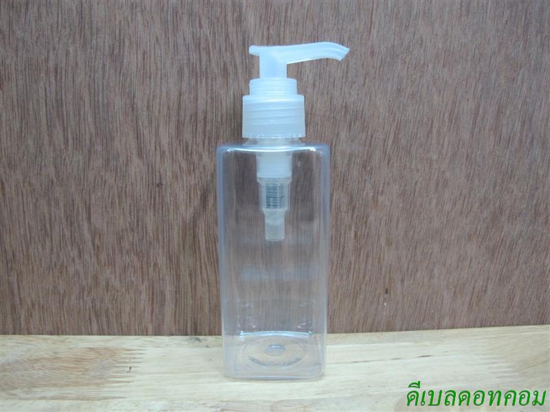 pet เหลี่ยม SB 180 ml. สีใส+หัวปั้มดีดสีใสปากเป็ด 24มม.