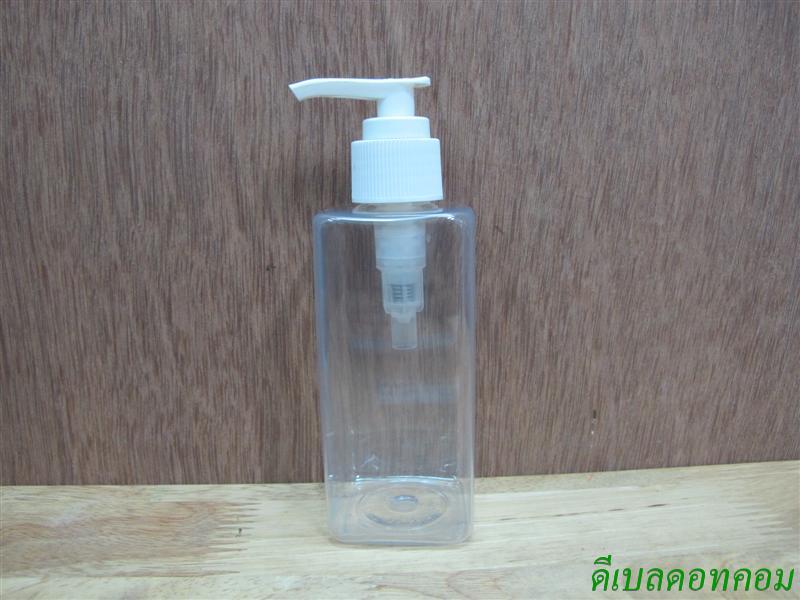 pet เหลี่ยม SB 180 ml. สีใส+หัวปั้มดีดสีขาวปากเป็ด 24มม.