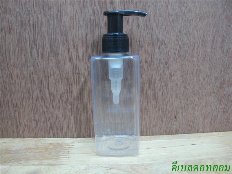 pet เหลี่ยม SB 180 ml. สีใส+หัวปั้มดีดสีดำปากเป็ด 24มม.
