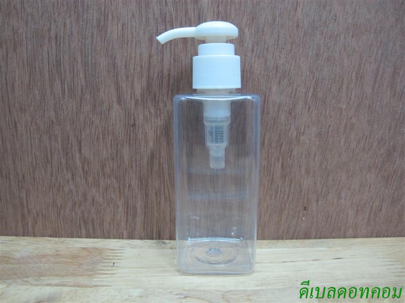 pet เหลี่ยม SB 180 ml. สีใส+หัวปั้มกระดุมงาช้างขาวแป้ง 24มม.