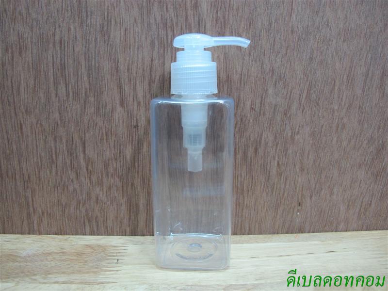 pet เหลี่ยม SB 180 ml. สีใส+หัวปั้มกระดุมงาช้างสีใส 24มม.
