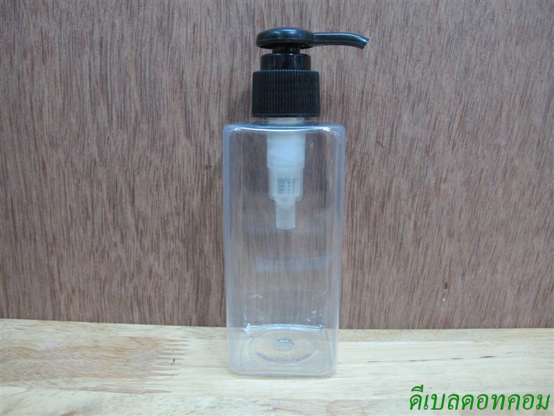 pet เหลี่ยม SB 180 ml. สีใส+หัวปั้มกระดุมงาช้างสีดำ 24มม.