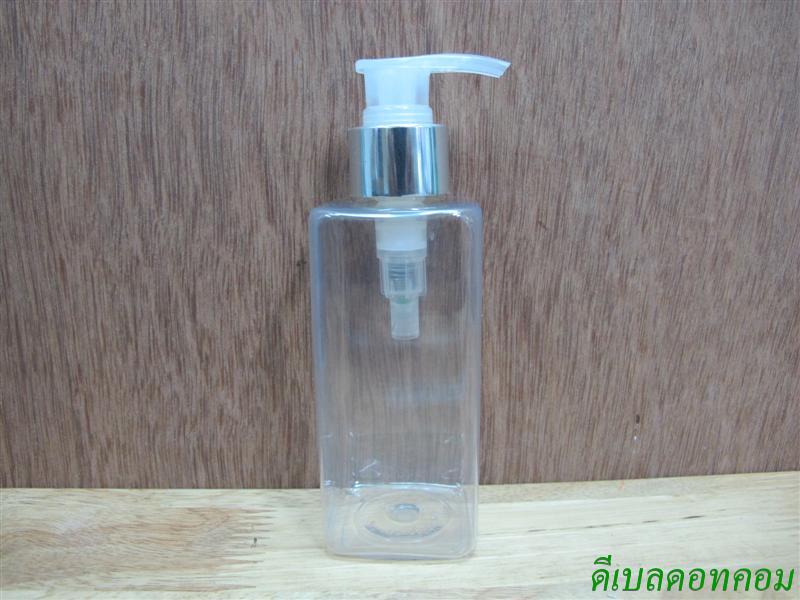 pet เหลี่ยม SB 180 ml. สีใส+หัวปั้มดีดใสปากเป็ดเงินเงา 24มม.
