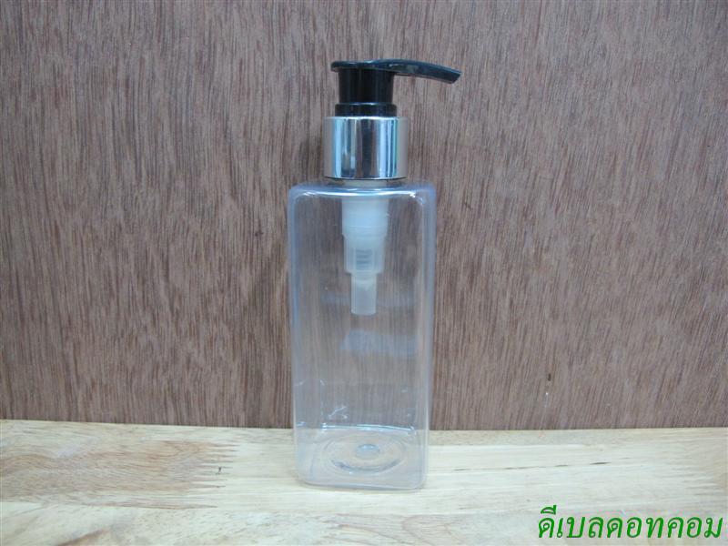 pet เหลี่ยม SB 180 ml. สีใส+หัวปั้มดีดดำปากเป็ดเงินเงา 24มม.