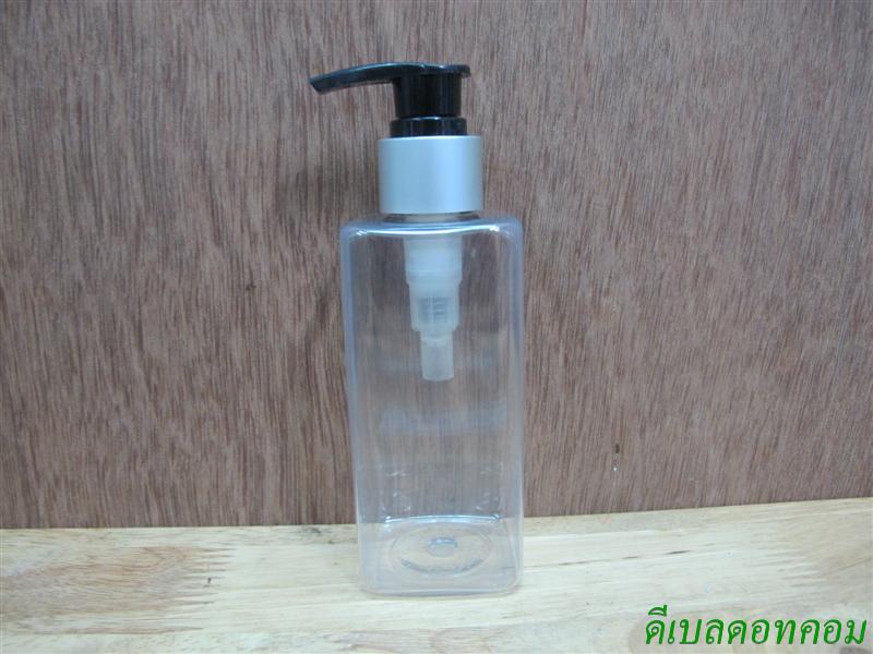 pet เหลี่ยม SB 180 ml. สีใส+หัวปั้มดีดดำปากเป็ดเงินด้าน 24มม.
