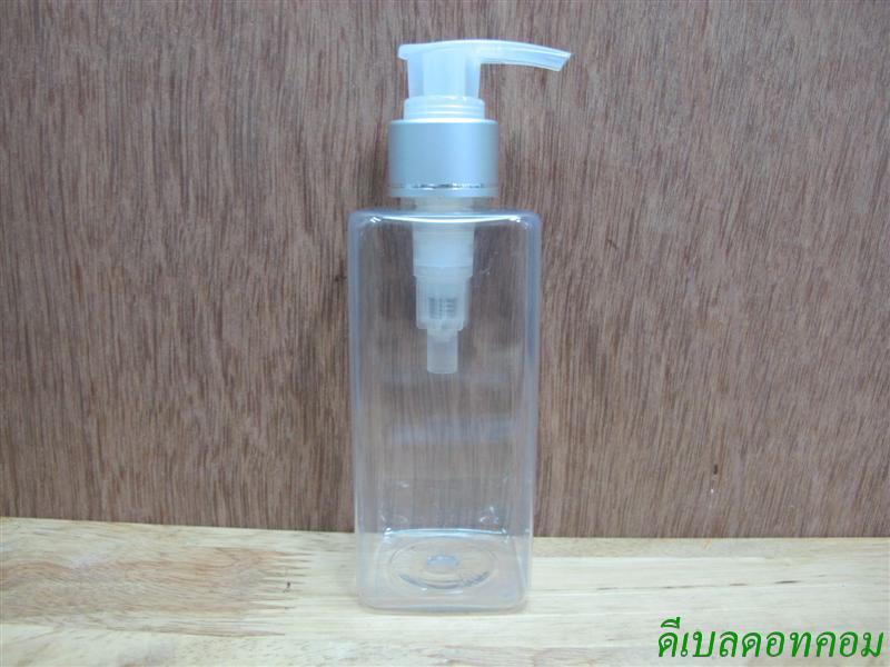 pet เหลี่ยม SB 180 ml. สีใส+หัวปั้มดีดใสปากเป็ดเงินด้านคาดริ้ว 24มม.