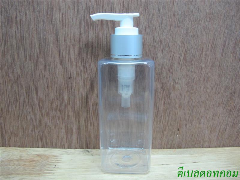 pet เหลี่ยม SB 180 ml. สีใส+หัวปั้มดีดขาวปากเป็ดเงินด้านคาดริ้ว 24มม.
