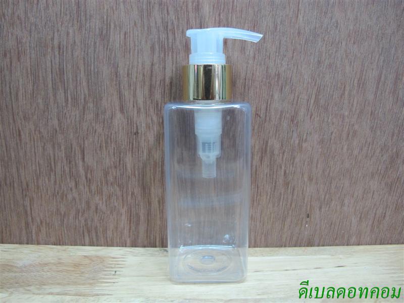 pet เหลี่ยม SB 180 ml. สีใส+หัวปั้มดีดใสปากเป็ดทองเงา 24มม.